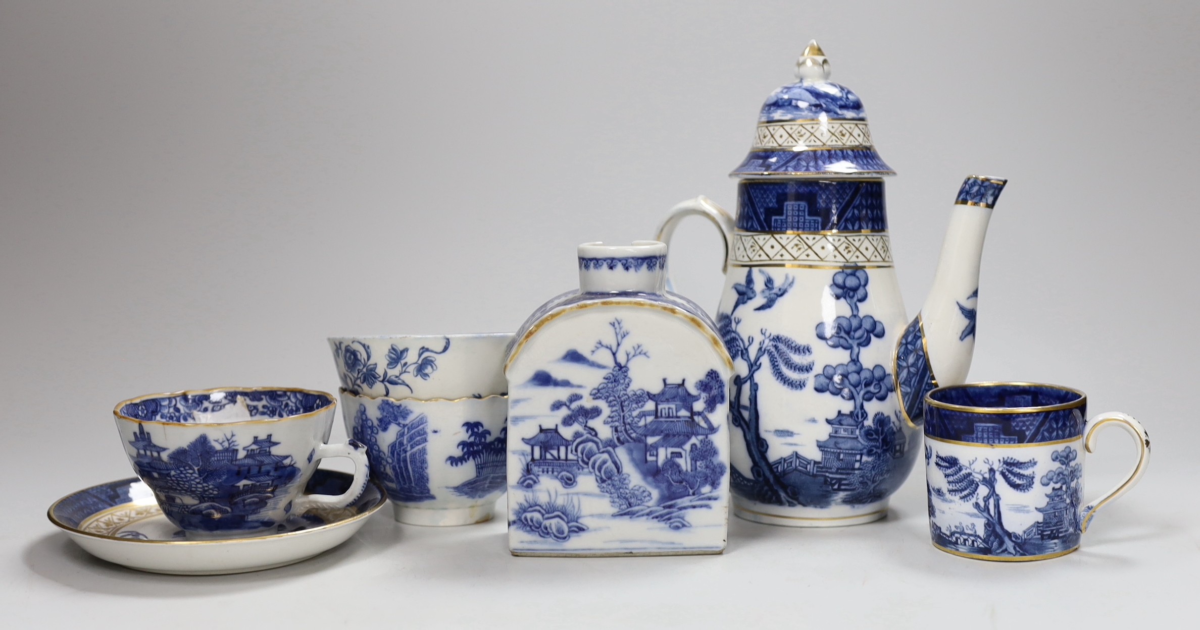 A group of English and Chinese blue and white tea and coffee wares, and a hot water dish, Chinese charger 35cms diameter